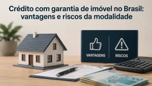 Imagem realista e minimalista sobre empréstimos com garantia de imóvel no Brasil. A cena mostra uma maquete de casa sobre mesa de madeira ao lado de documentos financeiros, calculadora e notas de real brasileiras. Ao fundo, um painel escuro destaca os conceitos de vantagens e riscos da modalidade com ícones de positivo e alerta. No topo da imagem aparece o título “Crédito com garantia de imóvel no Brasil: vantagens e riscos da modalidade”. A composição possui iluminação suave, boa nitidez e visual corporativo clean.